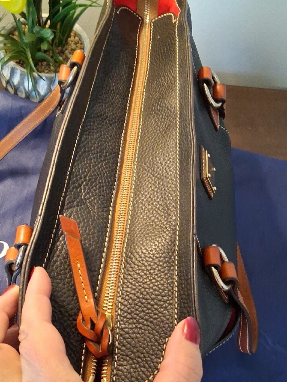 Dooney & Bourke Black Pebble Leather Tote with Brown Trim and Straps - Picture 9 of 16